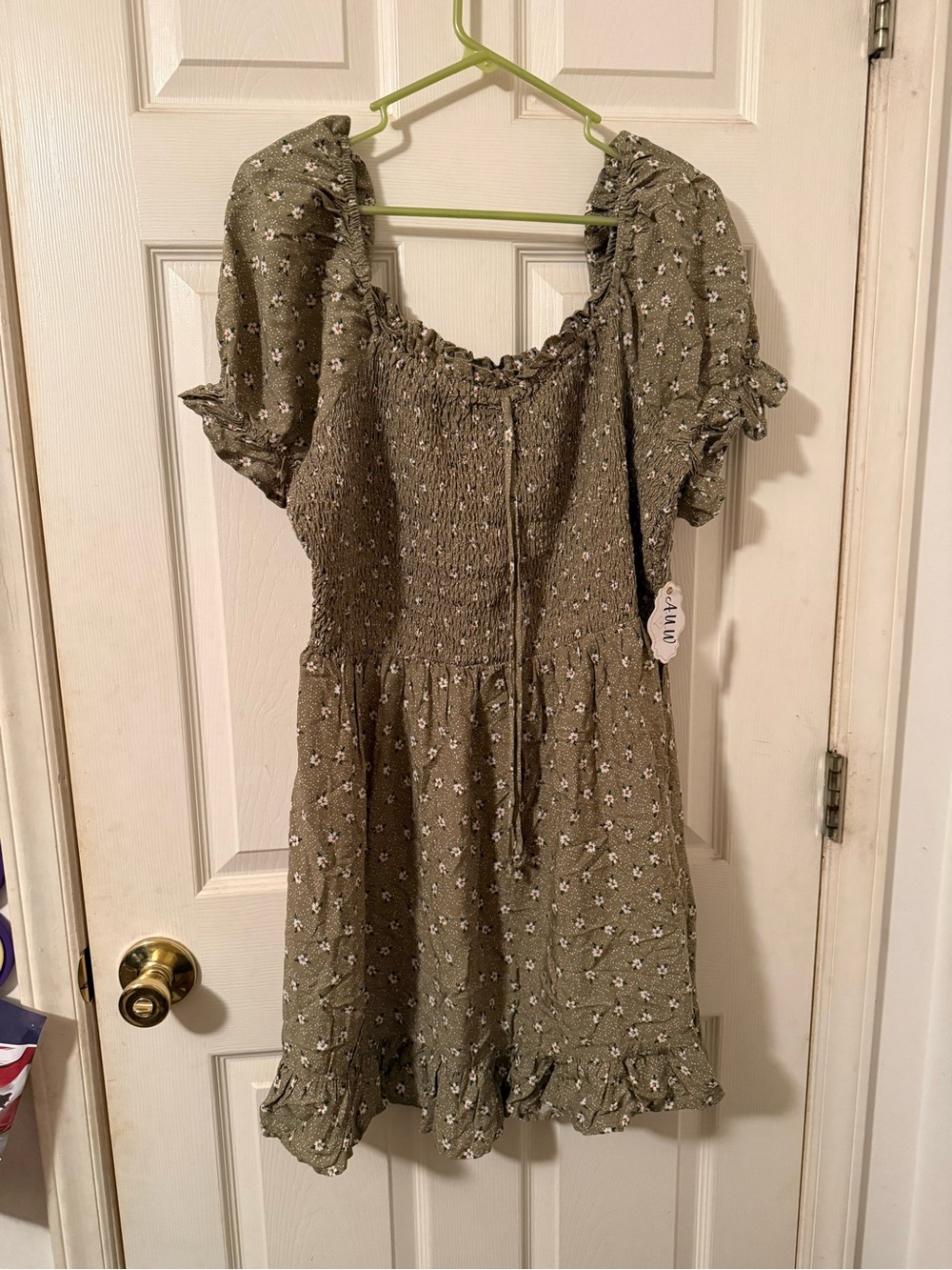AUW Olive Green Floral Smocked Mini Dress